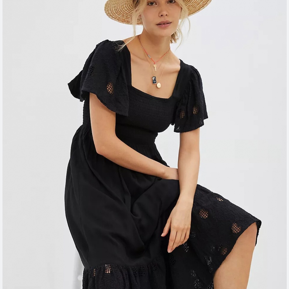 Anthropologie Black Midi Square-Neck Dress with Flutter Sleeves